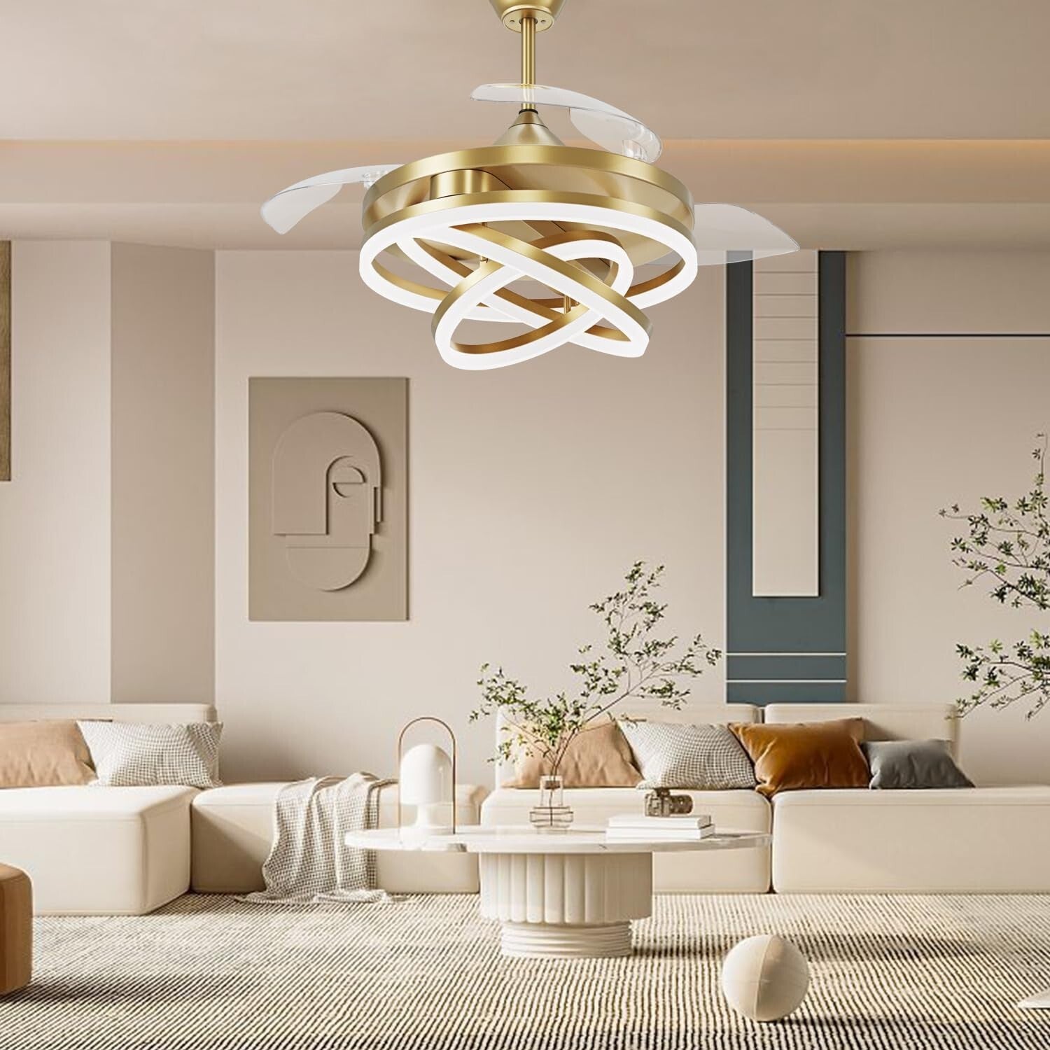 42 Inch Retractable Ceiling Fan, Chandelier Ceiling Fans with Lights, Silent ...