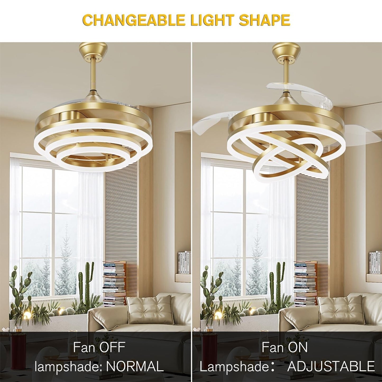 42 Inch Retractable Ceiling Fan, Chandelier Ceiling Fans with Lights, Silent ...