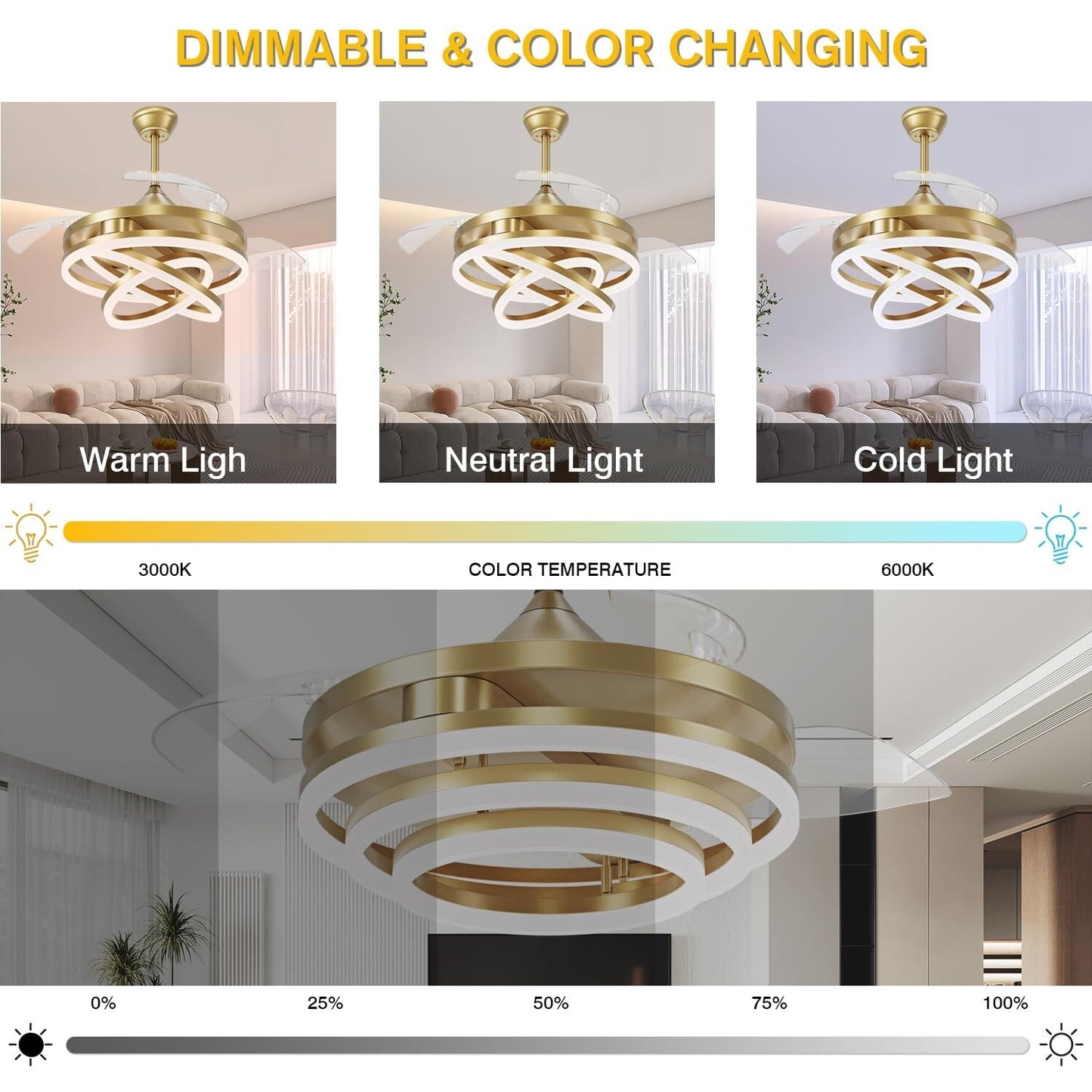 42 Inch Retractable Ceiling Fan, Chandelier Ceiling Fans with Lights, Silent ...