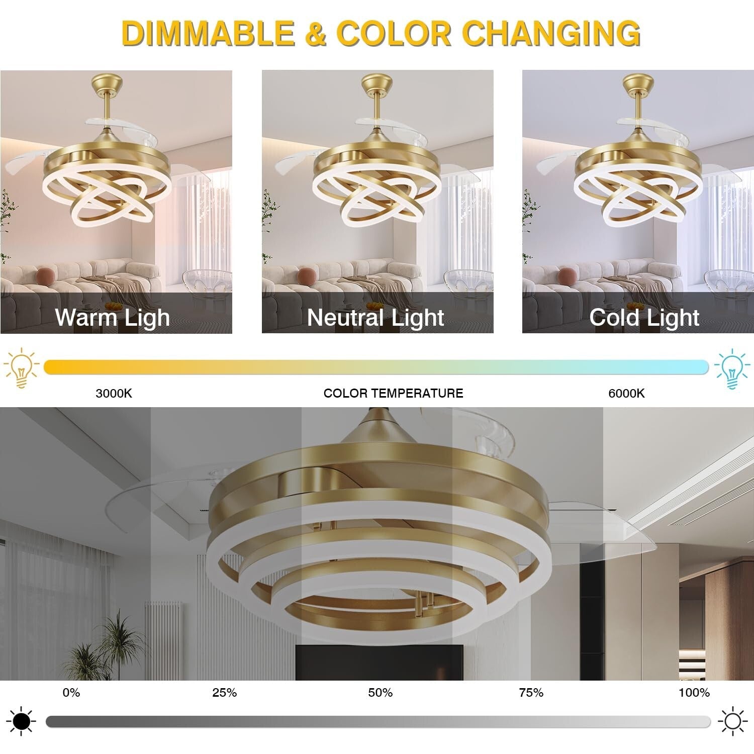 42 Inch Retractable Ceiling Fan, Chandelier Ceiling Fans with Lights, Silent ...
