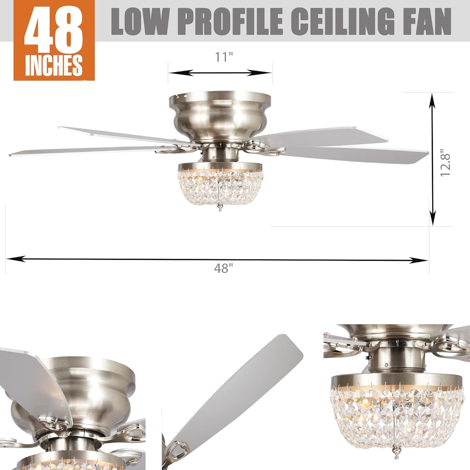 Ceiling Fans with Lights and Remote Flush Mount Ceiling Fan with Light for Bedroom Low Profile Chandelier Ceiling Fans, 48 Inch, Brushed Nickel