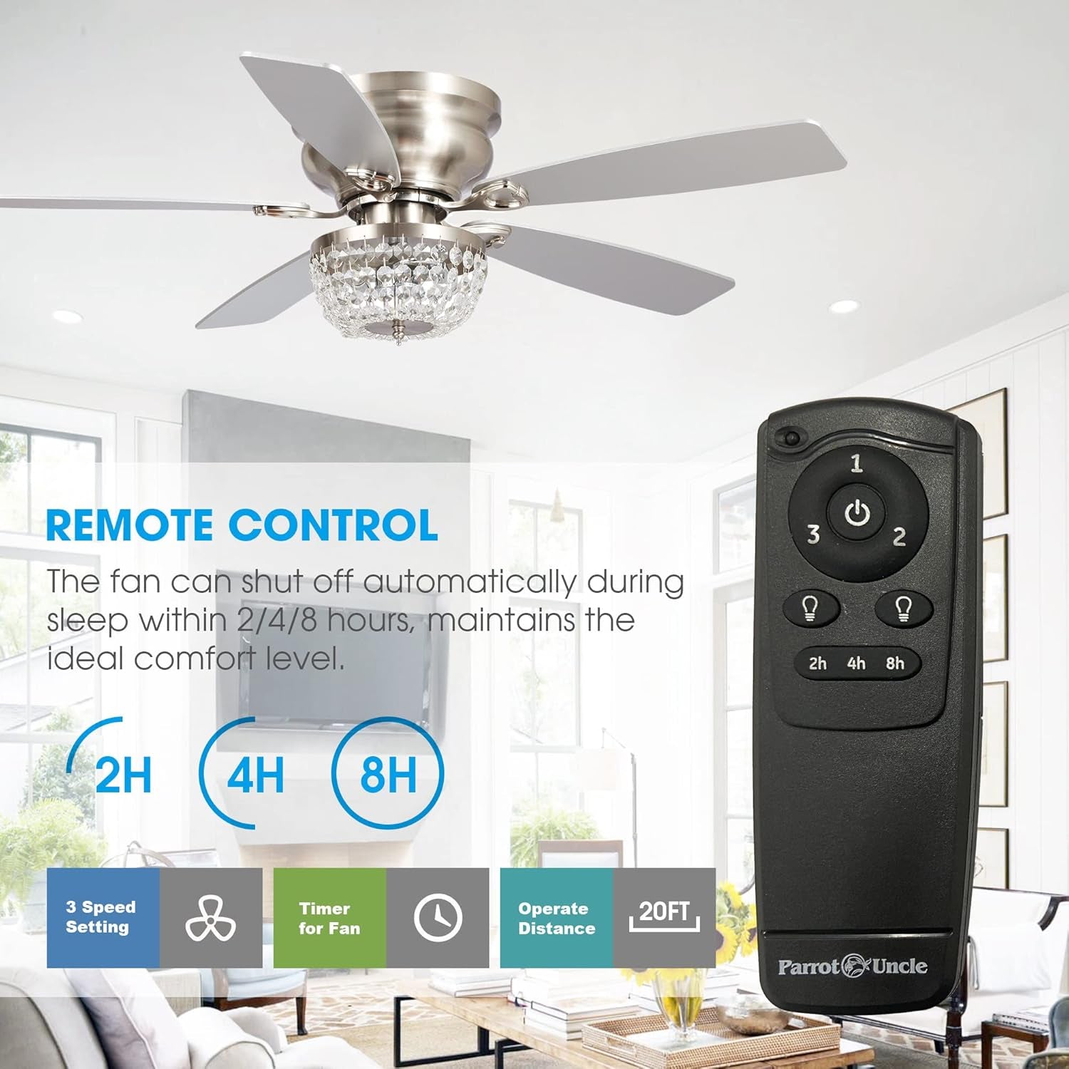Ceiling Fans with Lights and Remote Flush Mount Ceiling Fan with Light for Bedroom Low Profile Chandelier Ceiling Fans, 48 Inch, Brushed Nickel