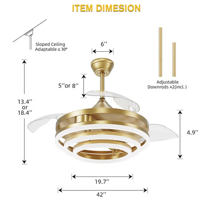 42 Inch Retractable Ceiling Fan, Chandelier Ceiling Fans with Lights, Silent ...