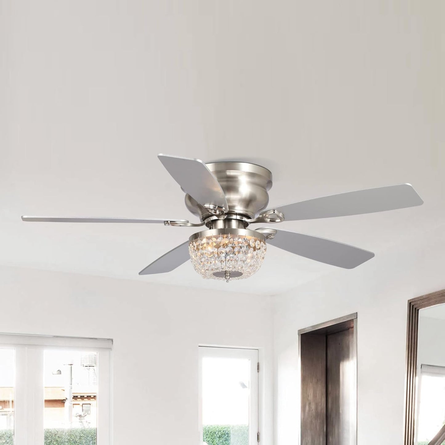 Ceiling Fans with Lights and Remote Flush Mount Ceiling Fan with Light for Bedroom Low Profile Chandelier Ceiling Fans, 48 Inch, Brushed Nickel
