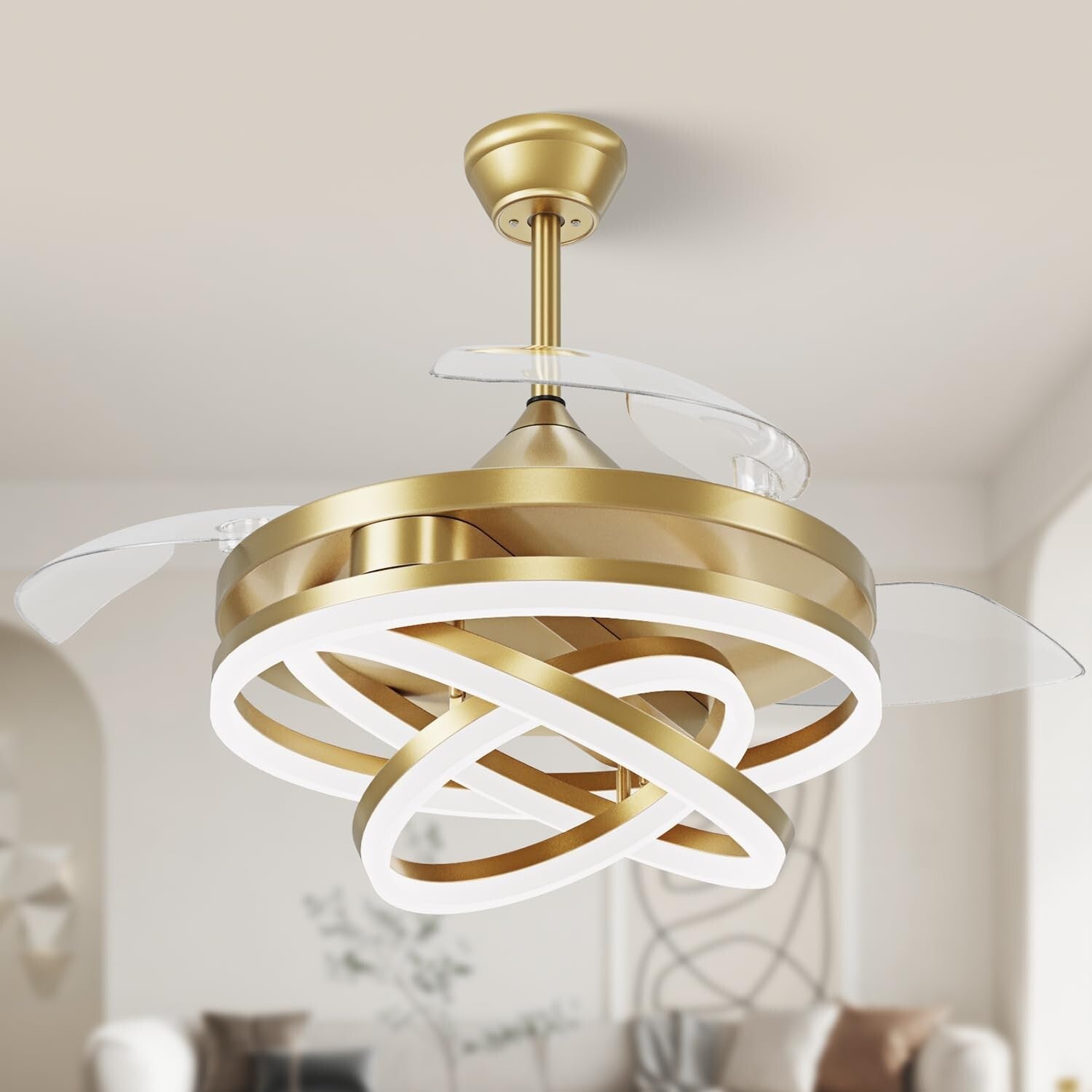 42 Inch Retractable Ceiling Fan, Chandelier Ceiling Fans with Lights, Silent ...